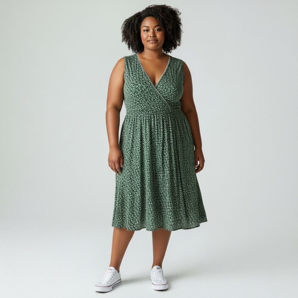 Max Studio Textured Jersey Tiered‎ Midi Dress Cream Green Buds Women's 3X